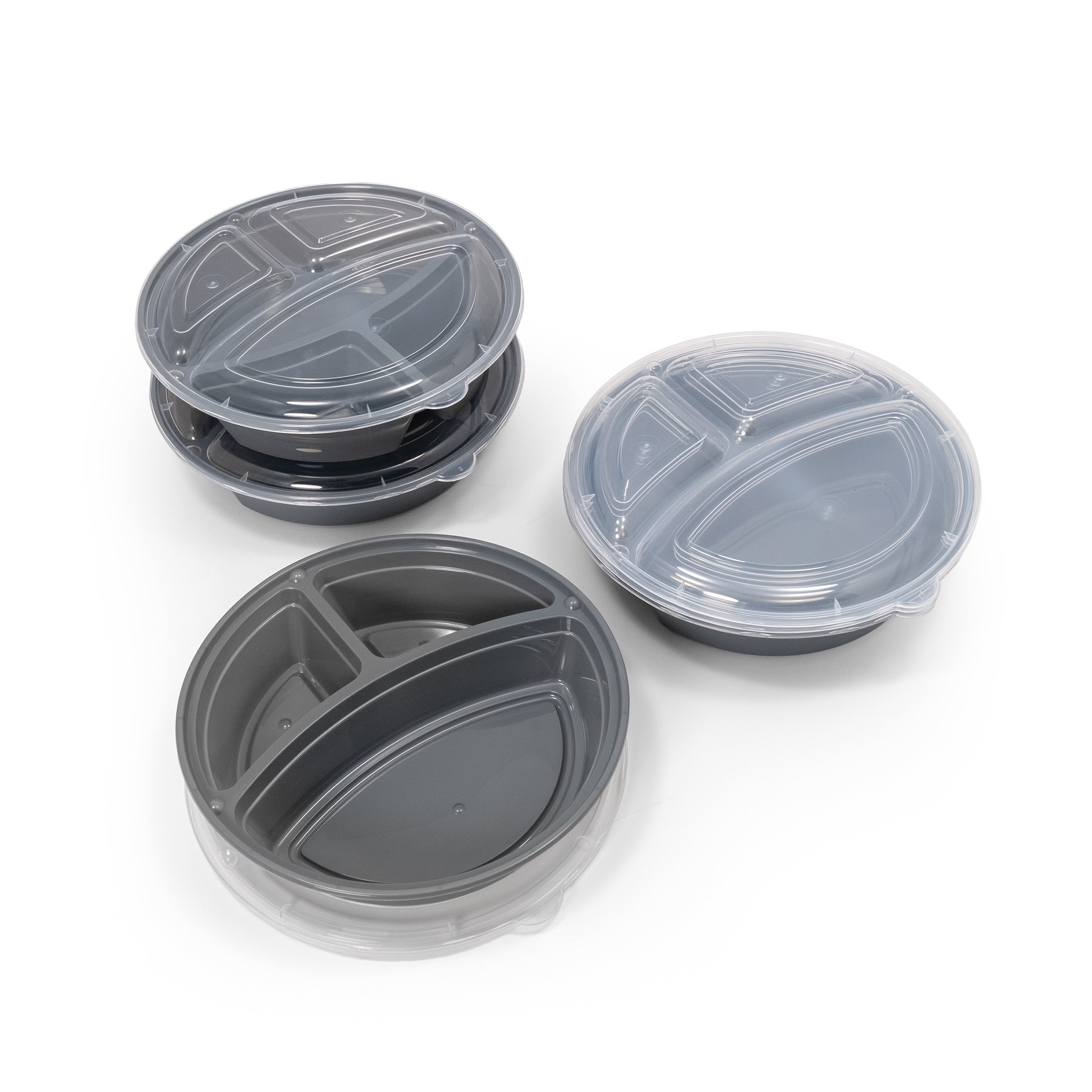 Mainstays 5-Pack 3-Compartment Round BPA-Free Plastic Meal Prep Food Storage Containers, 1 L, Soothing Grey