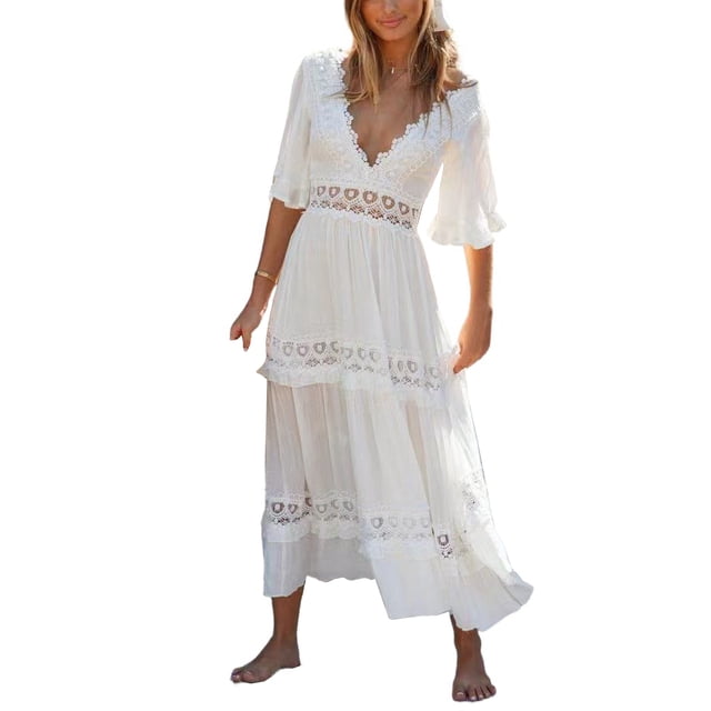 Lucakuins, vestido sin espalda de encaje a la moda para mujer, elegante vestido de vacaciones con mangas con volantes para mujer Lucakuins moda
