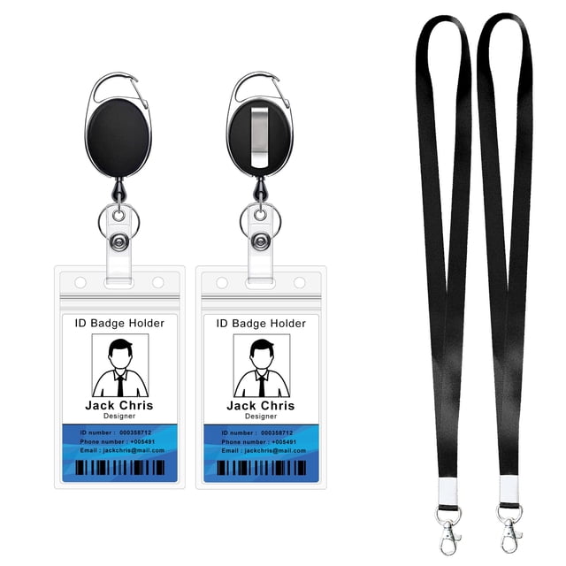 Carrete De Credencial Retráctil Con Cierre De Garra Y Clip Para Titulares De Tarjetas De Identificación (2 Estuches De Identificación, 2 Carretes Retráctiles, 2 Cordones Negros)