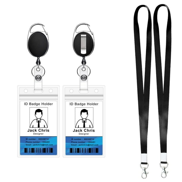 Carrete De Credencial Retráctil Con Cierre De Garra Y Clip Para Titulares De Tarjetas De Identificación (2 Estuches De Identificación, 2 Carretes Retráctiles, 2 Cordones Negros)
