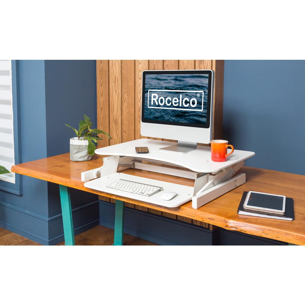 Rocelco Standing Desk Converter 32 Inch Adjustable Height Riser, White