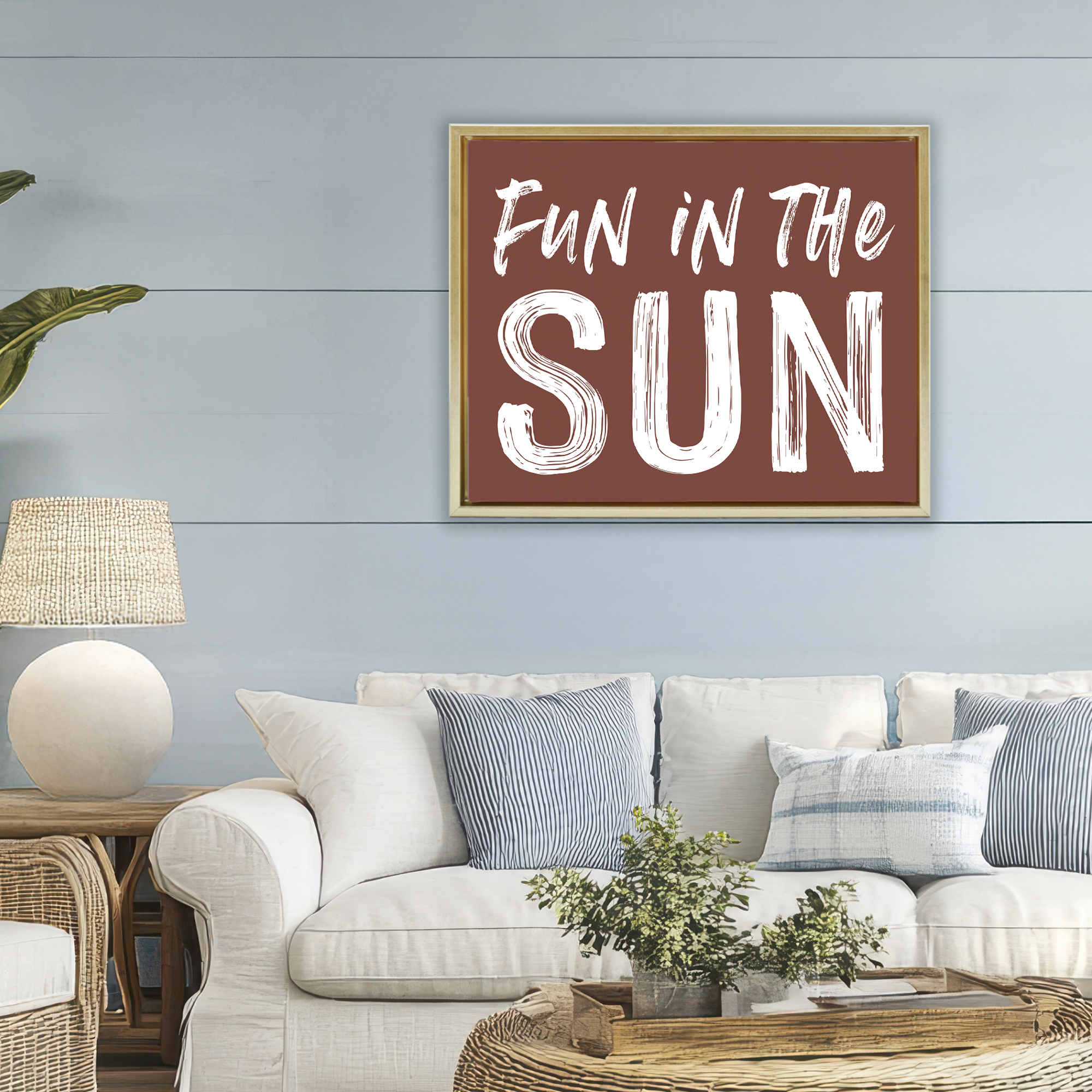 Fun In Sun Brown Sentiment Gold Framed Floater Canvas Wall Art, design by Lettered and Lined