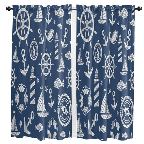 Blue Anchor Boat Fish Curtains For Living Room Kitchen Curtain Bedroom Decorative Window Treatments Home Drapes