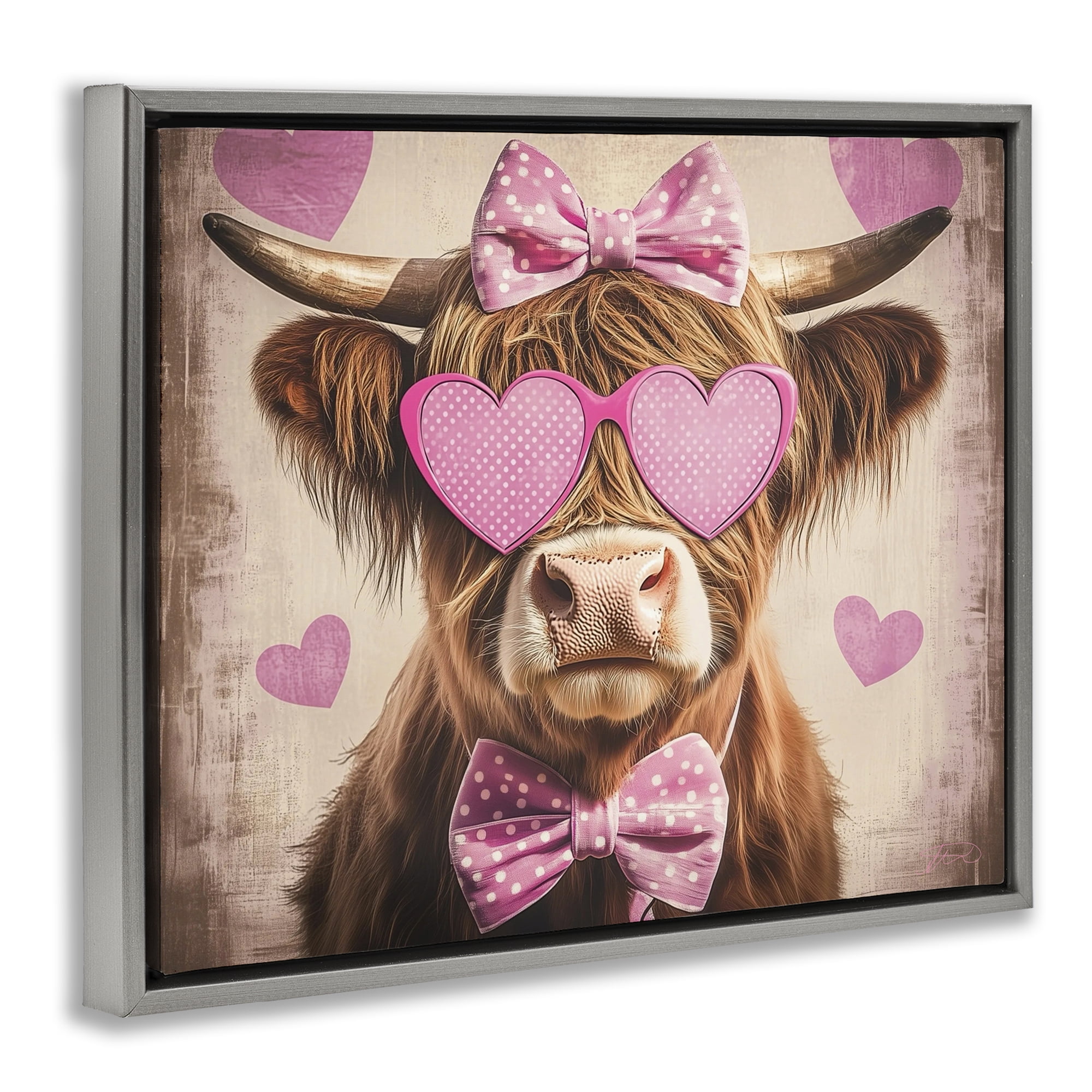 Cute Cattle Pink Hearts Gray Framed Floater Canvas Wall Art, design by Shawna Stewart