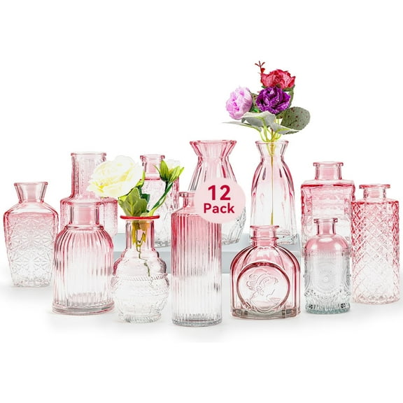 Glass Bud Vases Set of 12,Small Glass Vases for Centerpieces,Pink Bud Vases in Bulk,Mini Flower Vase,Small Vases for Flowers,Mini Vintage Vase for Wedding Home Room Office Table Decor(Pink)