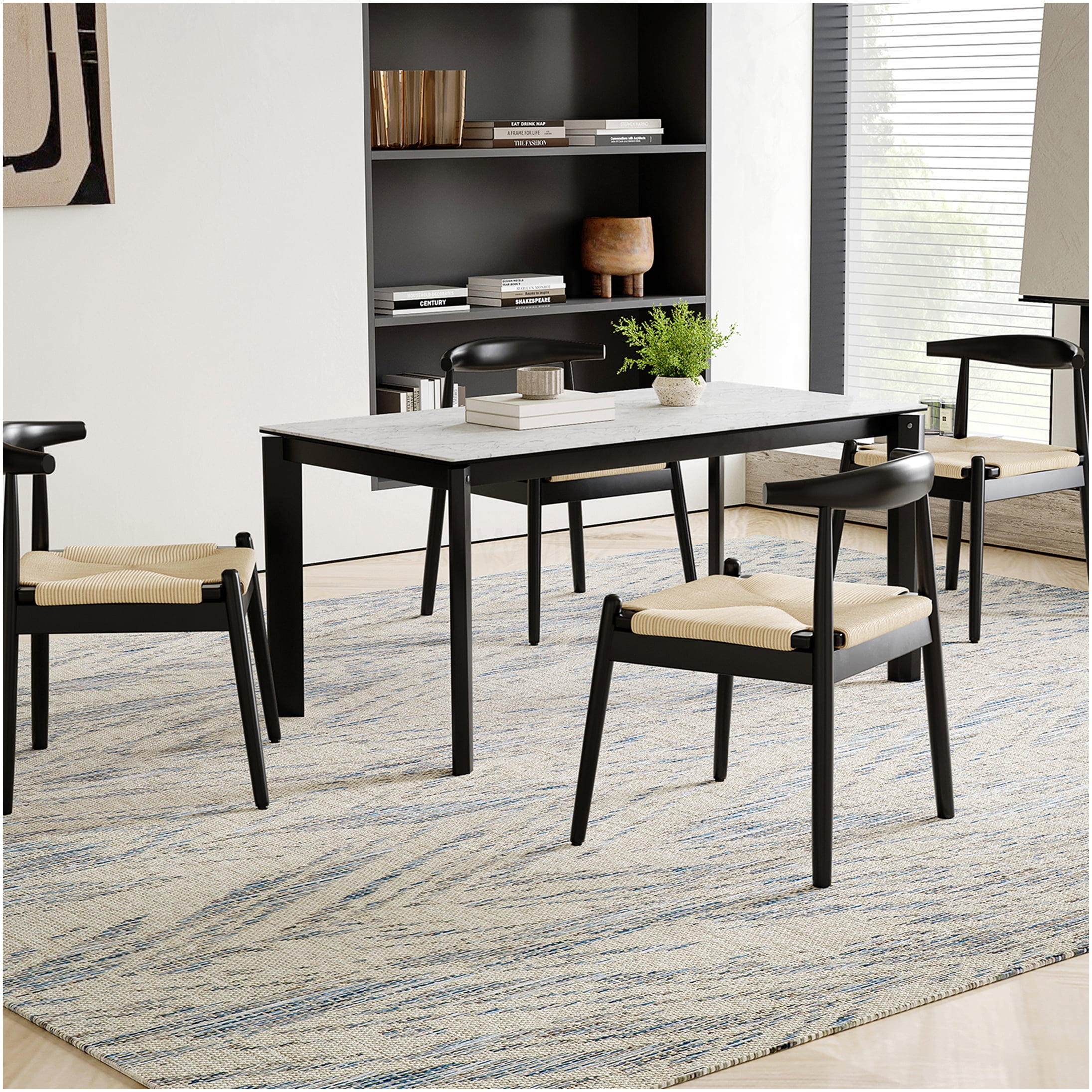 Weave Dining Chairs Set of 2, Mid-Century Modern Oak Frame Kitchen Chairs with Handwoven Paper Cord Seats for Dining Room