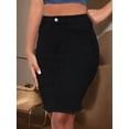 thumbnail image 4 of Black Fitted Denim Mini Skirt With Raw Hem And Button Front, 4 of 30