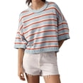 thumbnail image 2 of Women's Striped Crew Neck Drop Shoulder Short Sleeve Cropped Knit Sweater Blue S, 2 of 8