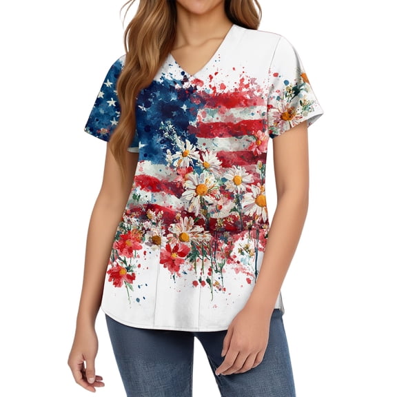 ASDFVBKG Soft Stretch V-Neck Medical Scrub Tops for Women Short Sleeve Nursing Uniform with Pocket American Flag Printed Plus Size Comfy Workwear Scrub Top White 3XL