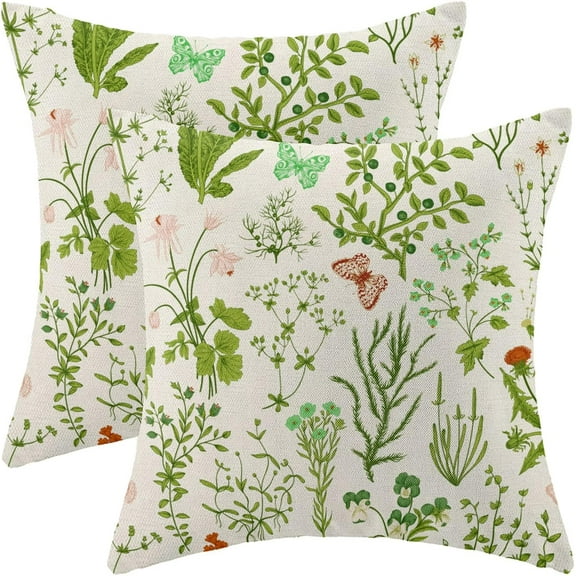 Summer Pillow Covers 18x18 Inch Set of 2,Green Wild Flower Plant Throw Pillows Case,Seasonal Floral Outdoor Decorative Square Linen Farmhouse Decor Cushion Covers for Home Sofa Bed Couch