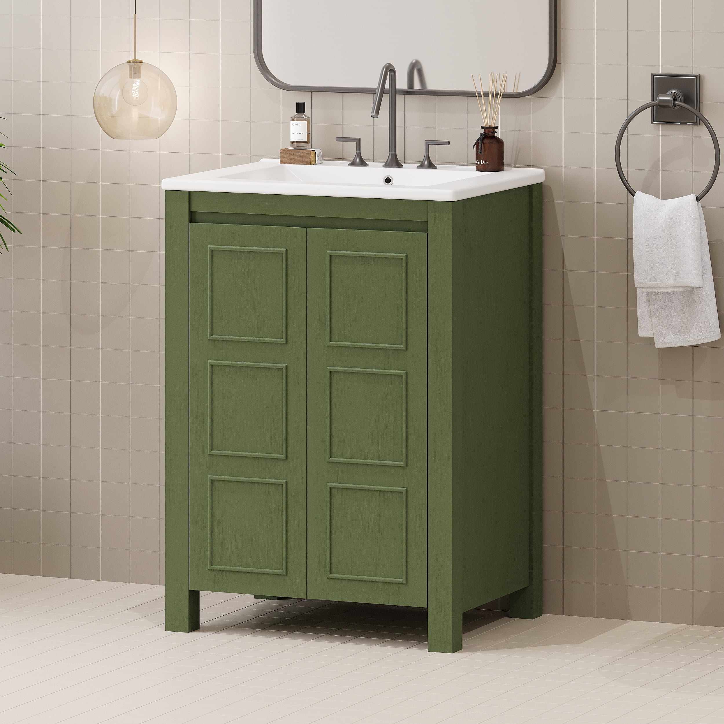 Euroco Bathroom Vanity with Ceramic Sink, Soft-Close Doors, and Adjustable Storage Shelf, Vintage Wood Cabinet for Small Bathrooms
