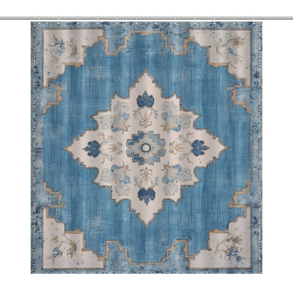 Blue Floral Medallion Rug Shower Curtain Bathtub Decor Bathroom Fabric Waterproof Curtains Shower