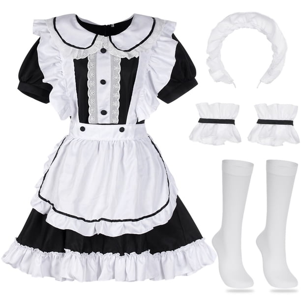 Conjunto de vestido de cosplay de sirvienta, delantal de sirvienta francesa, disfraz de lolita, disfraz de cosplay lindo de anime con diadema, calcetines blancos, círculos en los brazos