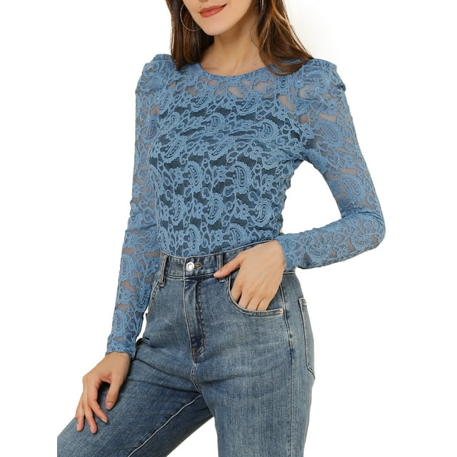 INSPIRE CHIC Women's Tops Puff Long Sleeve Semi Sheer Floral Lace Blouses XS Blue