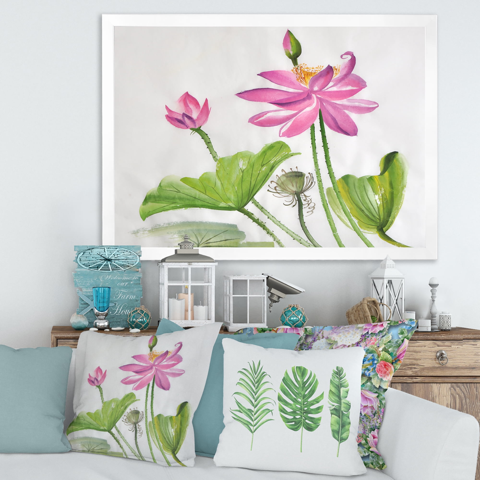 Designart 'Two Pink Lotus Flowers With Green Leaves' Traditional Framed Art Print