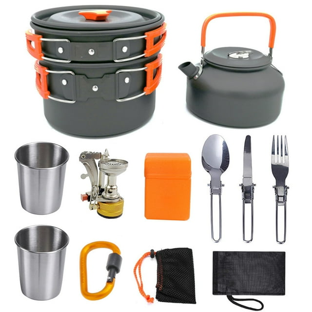 Graflsoa Compact Outdoor Camping Cookware Set with Stove, Teapot, and Utensils in Orange – Lightweight and Portable for Hiking, Picnics, and Backpacking