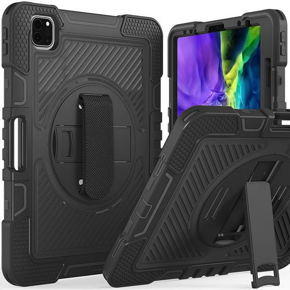 For Apple iPad Air 5th Generation 2022 10.9 inch / A2588 / A2589 / A2591 Shockproof Protective 360 Rotating Stand W. Strap Case Cover Black/Black