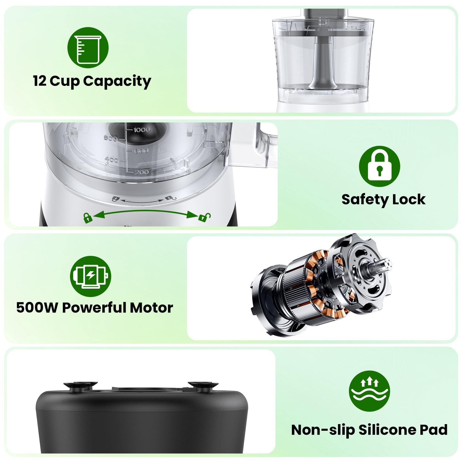 VAVSEA Food Processor and Vegetable Chopper, 500W Electric Food Chopper, 6 Functions for Slicing, Shredding, Chopping, Pureeing, Dough, Emulsifying, 12 Cup