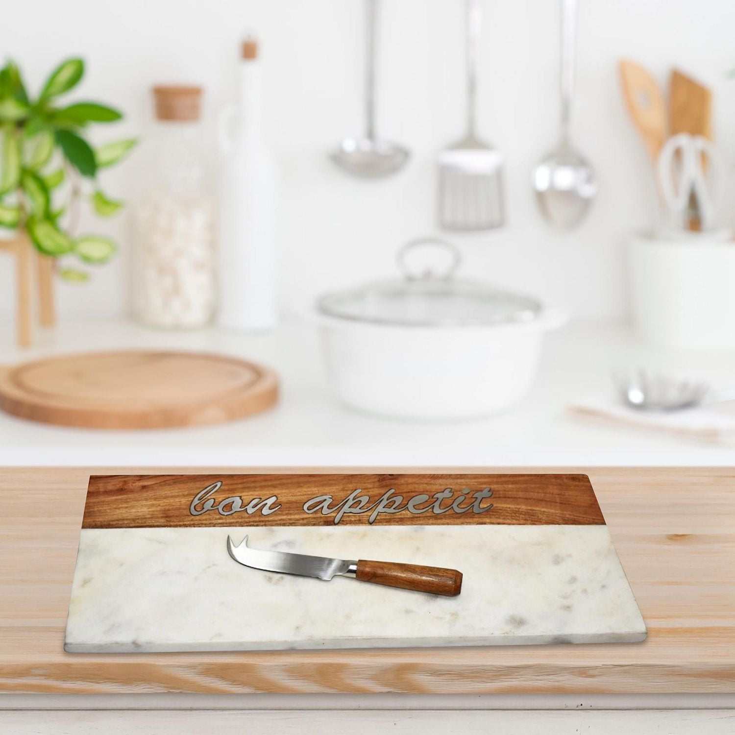 IH Casa Decor Acacia & Marble Serving Tray W Bon Appetit Inlay & Spreader