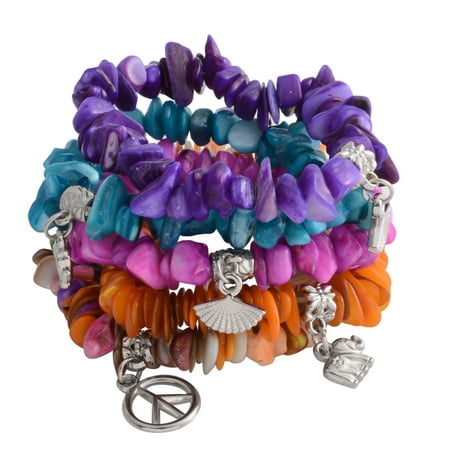 - Multi Color Shell Set of 5 Bracelet for Women Stretchable with Charm