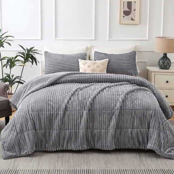 Jessy Home 3 Piece Fleece Queen Comforter Set - Soft & Warm Fluffy Gray Sherpa Bedding , Fuzzy Heavy Double Sided Design Winter Comforter with 2 Pillow Cases