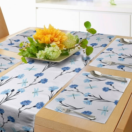

Floral Table Runner & Placemats Cornflowers and Dragonflies on Pastel Background Set for Dining Table Decor Placemat 4 pcs + Runner 14 x72 Purple Sea Blue by Ambesonne