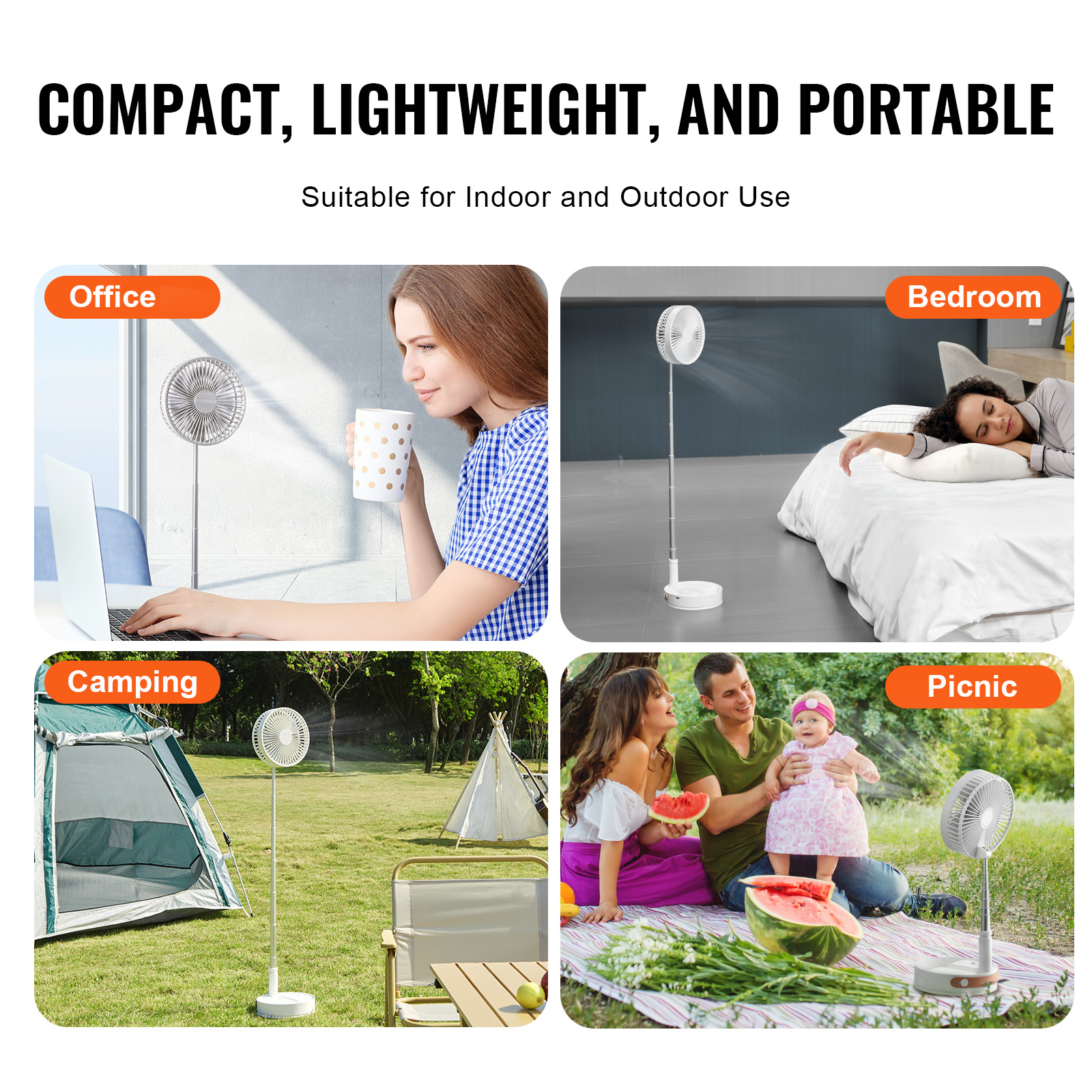 VEVOR 8 Inch Foldable Oscillating Standing Fan with Remote Control, 4 Speed Adjustable Portable Desk Quiet Fan, 7200mah Rechargeable USB Small Fan, Folded Rotating Floor Fan