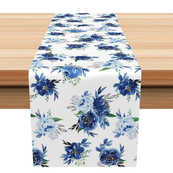 SUNOLIFE Blue Floral Table Runner,Flowers Kitchen Dining Table Decoration for Home Party 13 x 72 Inches
