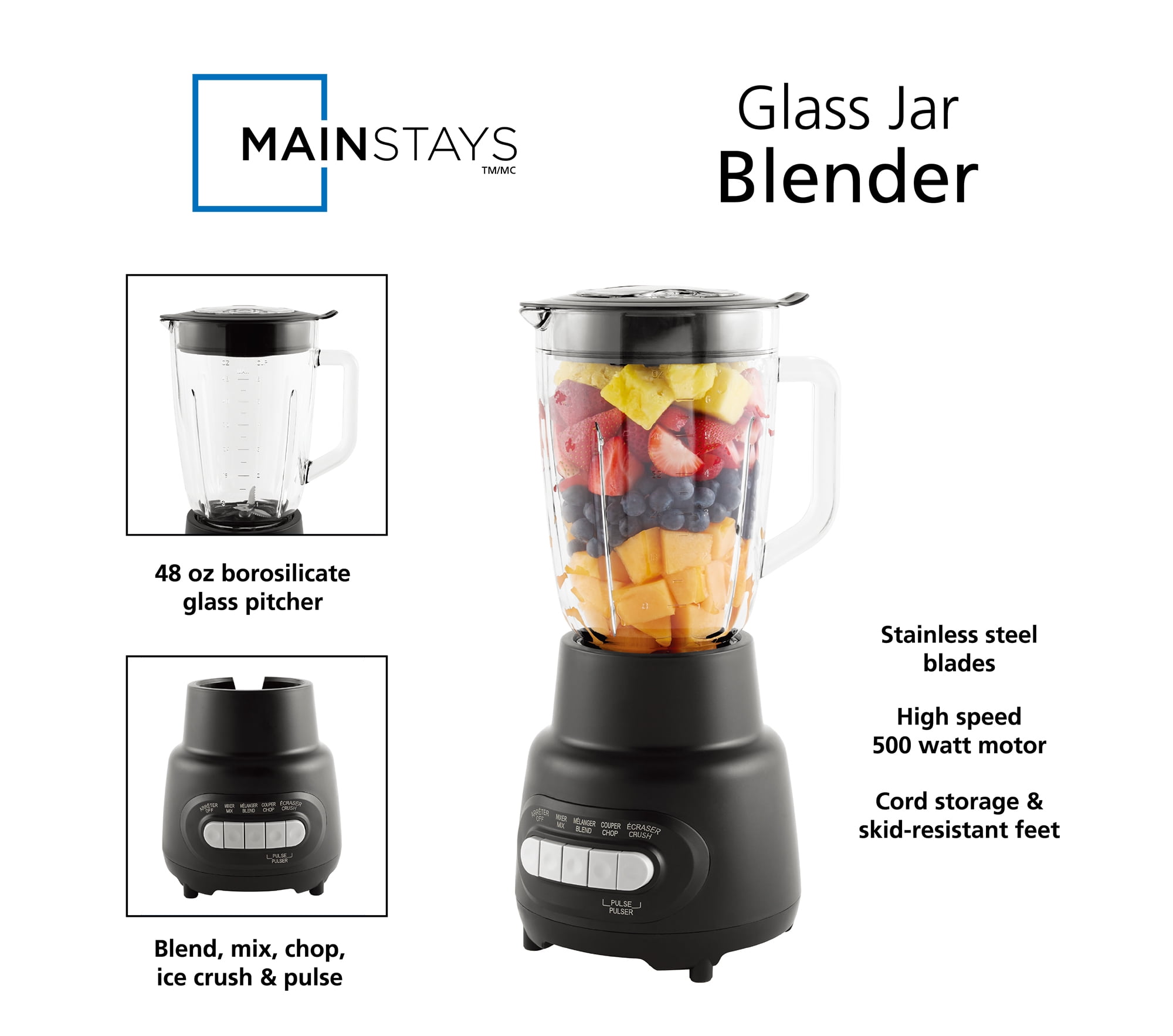 Mainstays 5 Speed  Glass Jar  Blender With Capacity 48 Oz, Black