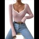 thumbnail image 1 of Camiseta de Larga con Escote Corazón para Mujer, de Punto Acanalado y Ribete en Contraste. Rosa L, 1 of 8