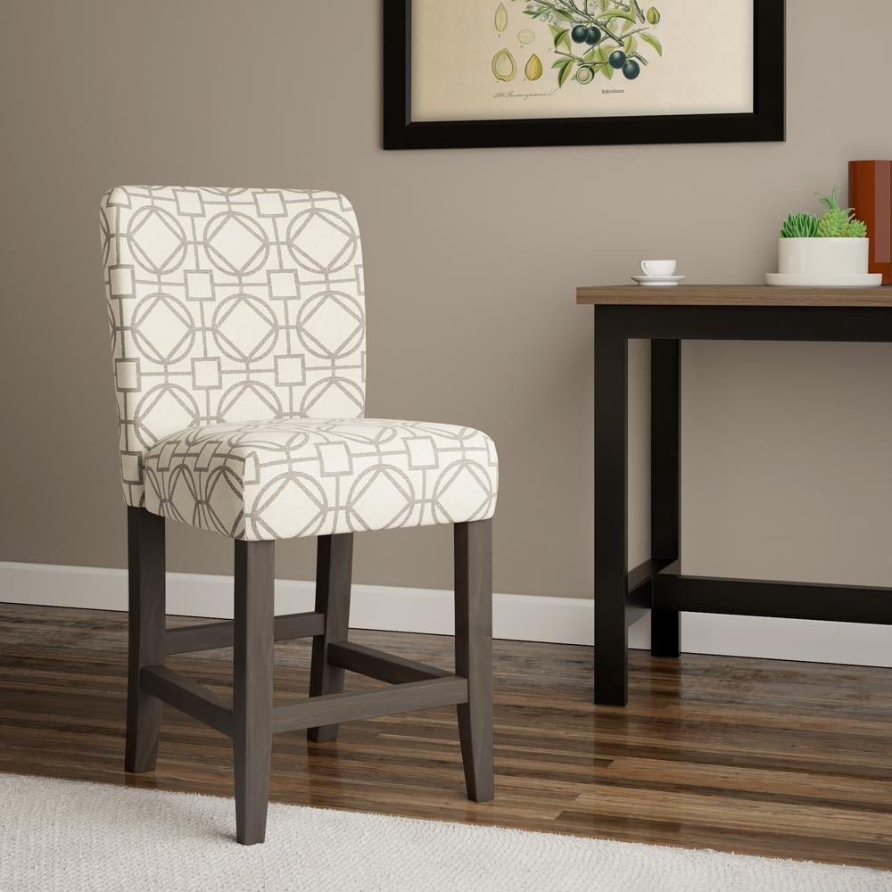 Wooden 24 Inch Counter Height Stool with Trellis Pattern Fabric Upholstery Cream and Gray - Saltoro Sherpi
