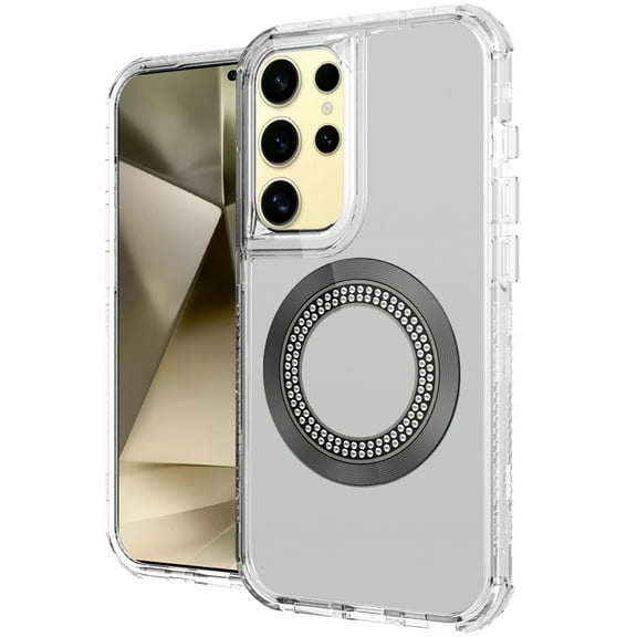 Designed for Samsung Galaxy S24 Ultra Magnetic Ring Circle Bling Chrome 3in1 Hybrid [Compatible with Magsafe] Transparent Shockproof Phone Case Cover [Clear]
