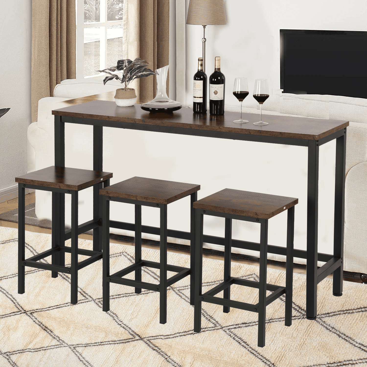 4Piece Counter Height Dining Set, Long Pub Table and 3 Stools Set