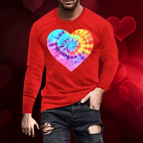 BEFOKA Men Long Sleeve Shirt Crewneck Sweatshirt Valentine'S Day Love Heart Printed Red Sweatshirt Colorful Basic Tops Fall Blouses Plus Size Shirt Funny Holiday Loose Graphic Tee Tops