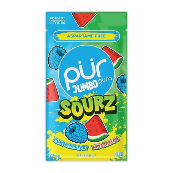 PUR Jumbo SOURZ Gum, Aspartame Free, 100% Xylitol, Natural Flavor Blue Raspberry, Watermelon, 20 Pieces, Pack of 1