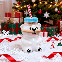 Cute Bear Glass Cold Cup, 18.6oz with Straw, Perfect for Holiday Drinks, Iced Coffee, Cold Brews, and Christmas Gifts,(1 Bear Cup with Straw)