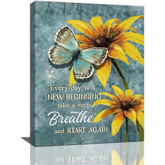 Farmhouse Butterfly Flower Bathroom Decor Wall Art Rustic Farm Country Sunflower Yellow Pictures Wall Decor Canvas Painting Prints Artwork Home Decorations Framed for Bathroom Kitchen Bedroom 12"x16"