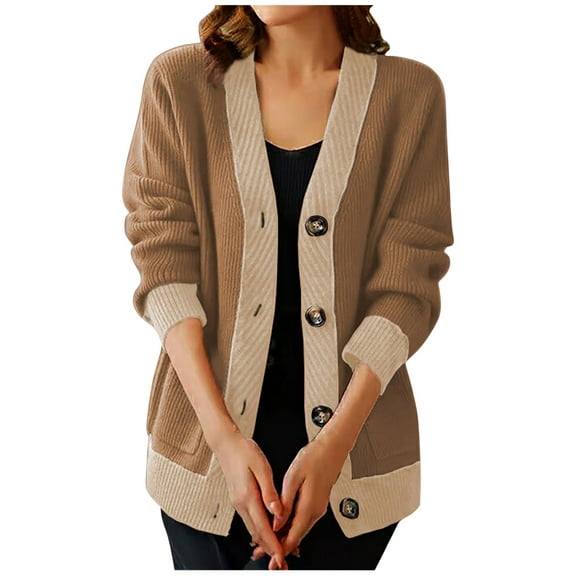 Kilaqueen Womens Cardigan Sweaters V Neck Button Down Open Front Long Sleeve Knit Cardigan Casual Color Block Lightweight Sweaters Coats