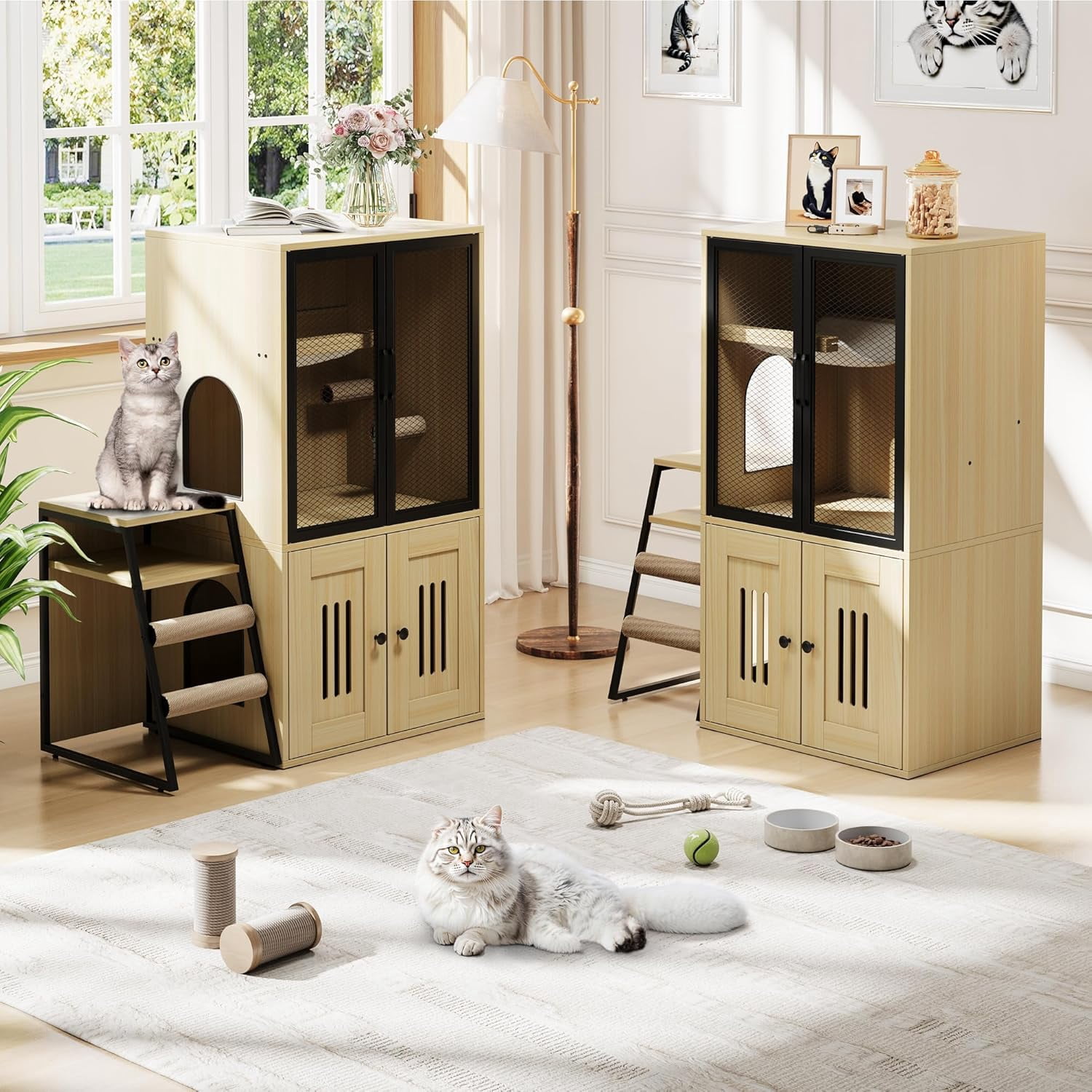 Cat Litter Box Enclosure for 2 Cats and Doors,Double Cat House with Storage Space,Enclosed Litter Box Furniture with Ladder