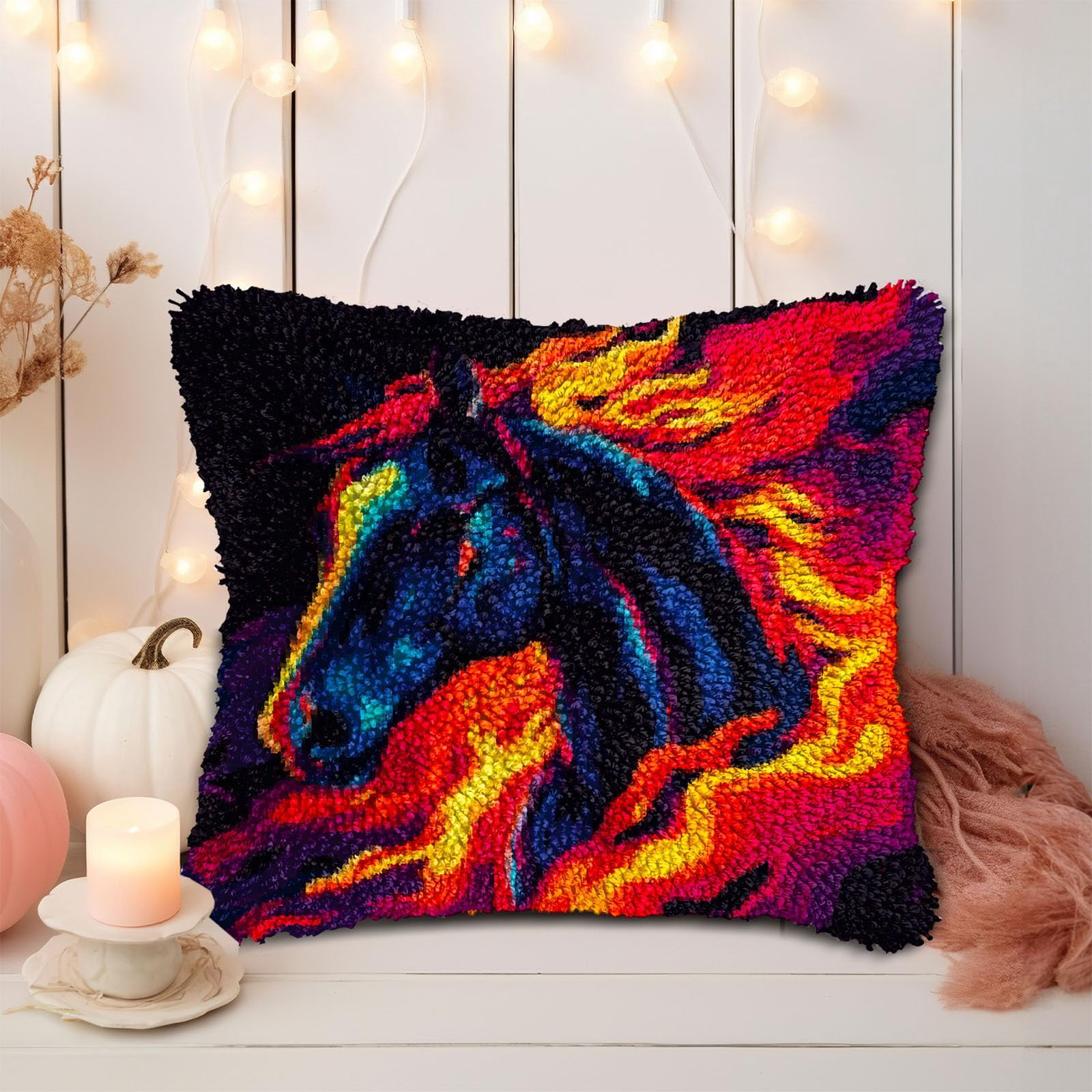 Black Horse in Red Fire Running DIY Latch Hook Pillow Kits for Adults Printed Pillowcase Crochet Yarns Hooking Handmade Pillow Cover Cushion for Home Sofa Decoration 17x17inch(1)