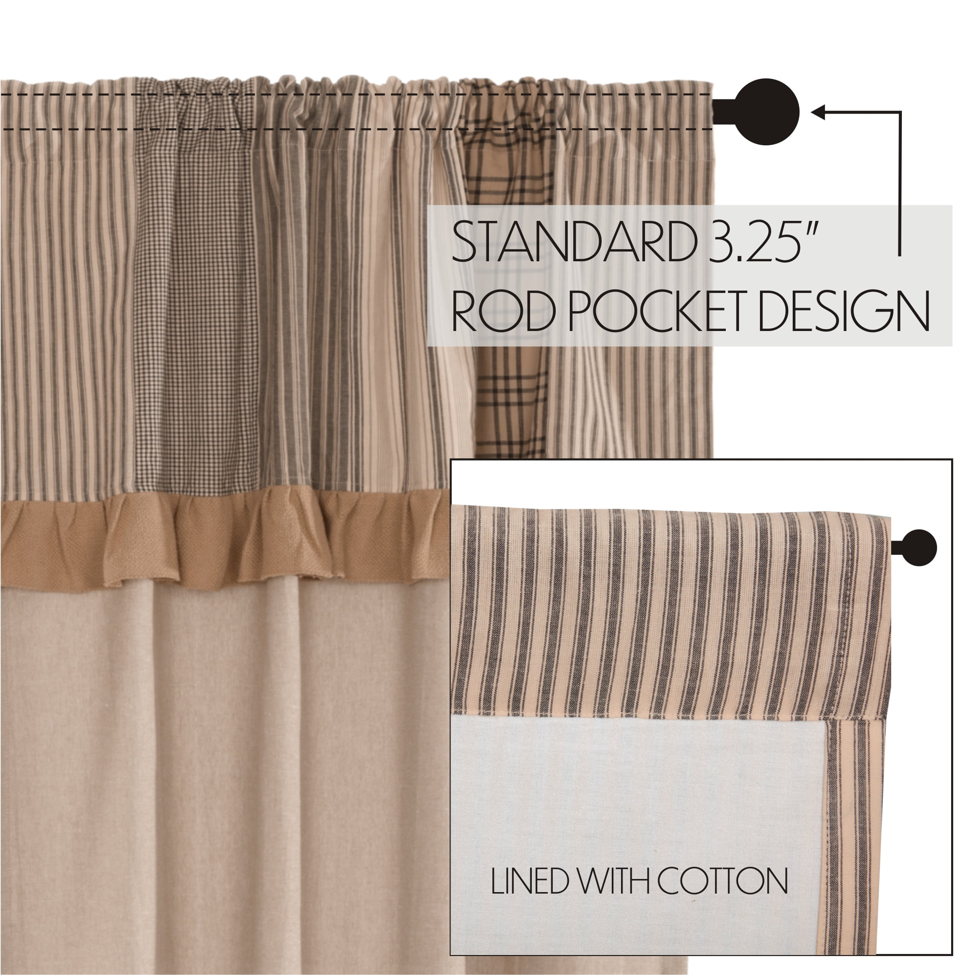 VHC Brands Sawyer Mill Curtain, Panel 63x36, Charcoal Khaki Tan