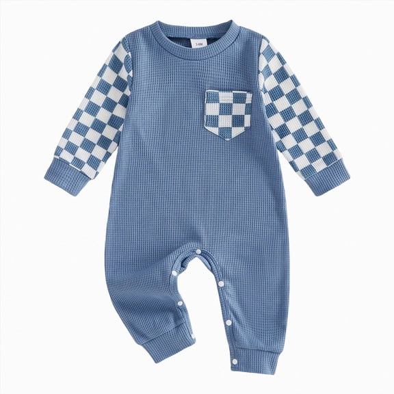 Enyan Newborn Baby Boy Fall Outfit Romper Long Sleeve Plaid Print Patchwork Jumpsuits Cute Infant Waffle Clothes(Blue,0-3 Months)