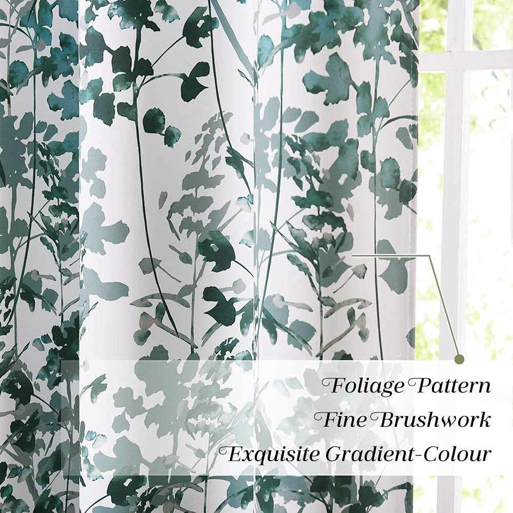 NICETOWN Floral Curtains for Kitchen, Vivid Watercolor Floral Painting Blackout Curtains Thermal Insulated Privacy Drapes for Art Gallery, Green, 52"x63", 2 Panels