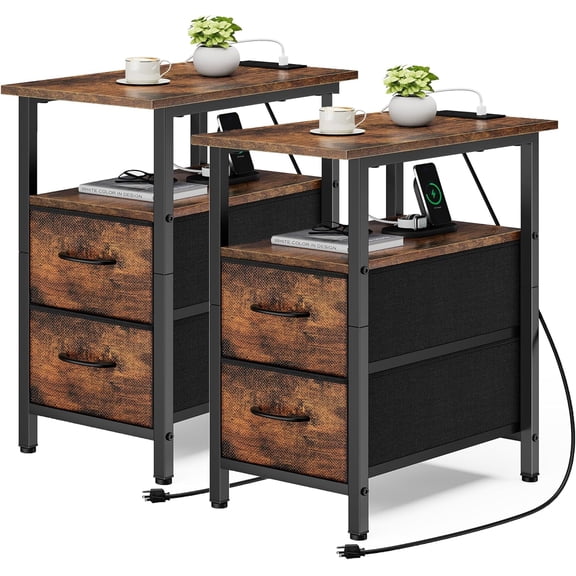 Set of 2 Rustic Brown End Tables with Charging Station, 23.8" Tall Narrow Nightstand with 2 Drawers, Small Sofa Side Table for Small Spaces, Living Room, Bedroom