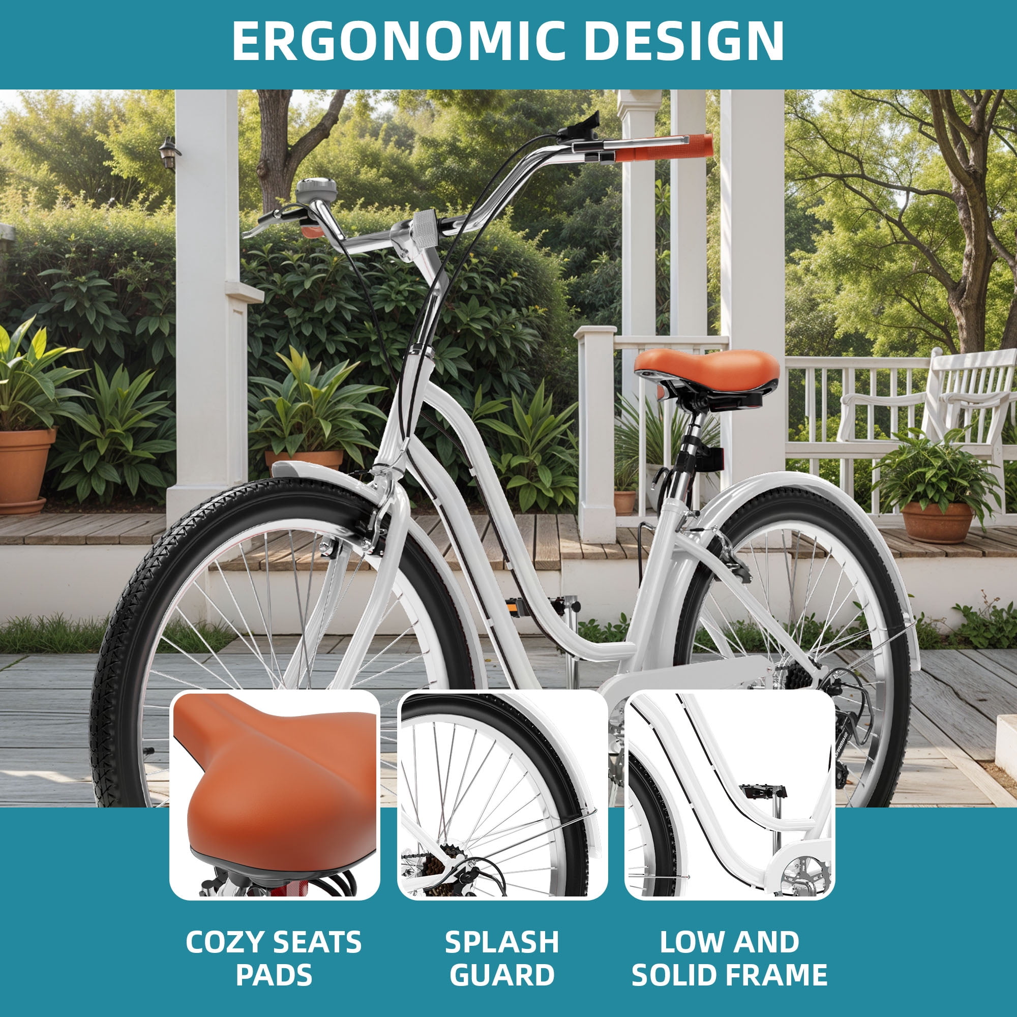 Uforic 24 Inch Beach Cruiser Bike, 7 Speed Commute Bike, Step-Through Bicycle for Adult Women & Men, Steel Frame Cruiser Bike, White
