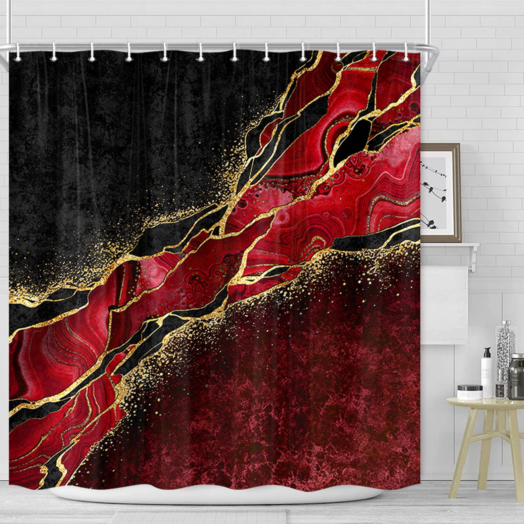 Chili Red Marble Shower Curtain, Cool Gold Crack Red Black Shower Curtain Set, Abstract Trippy Waterproof Shower Curtain Marble with Hooks,60X70IN