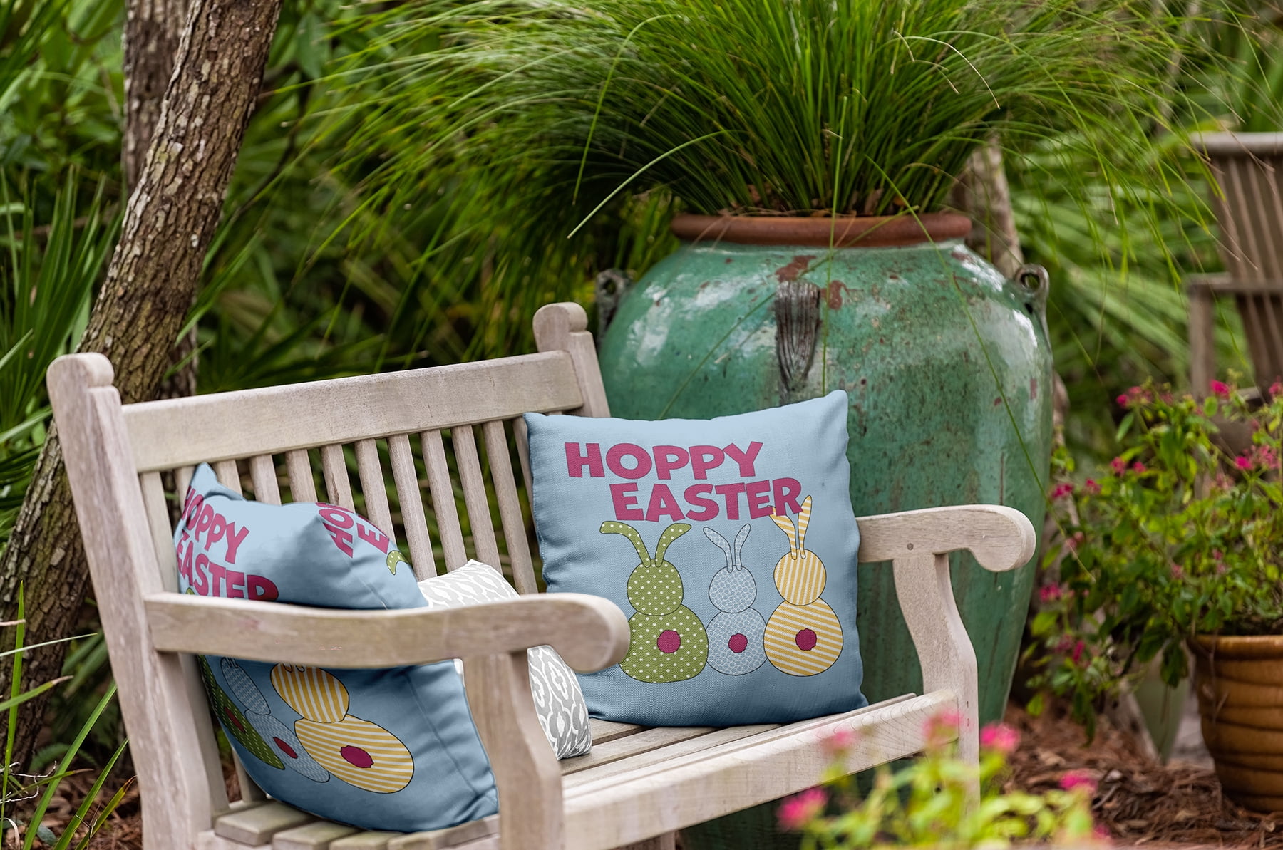 18" x 18" Simply Daisy Hoppy Easter Indoor/Outdoor Pillow, Lighter than Air Blue Qty 1
