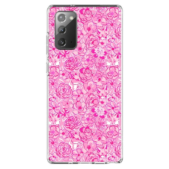 DistinctInk Clear Shockproof Hybrid Case for Samsung Galaxy Note 20 (6.7" Screen) - TPU Bumper, Acrylic Back, Tempered Glass Screen Protector - Preppy Pattern - Pink & White Flowers Floral