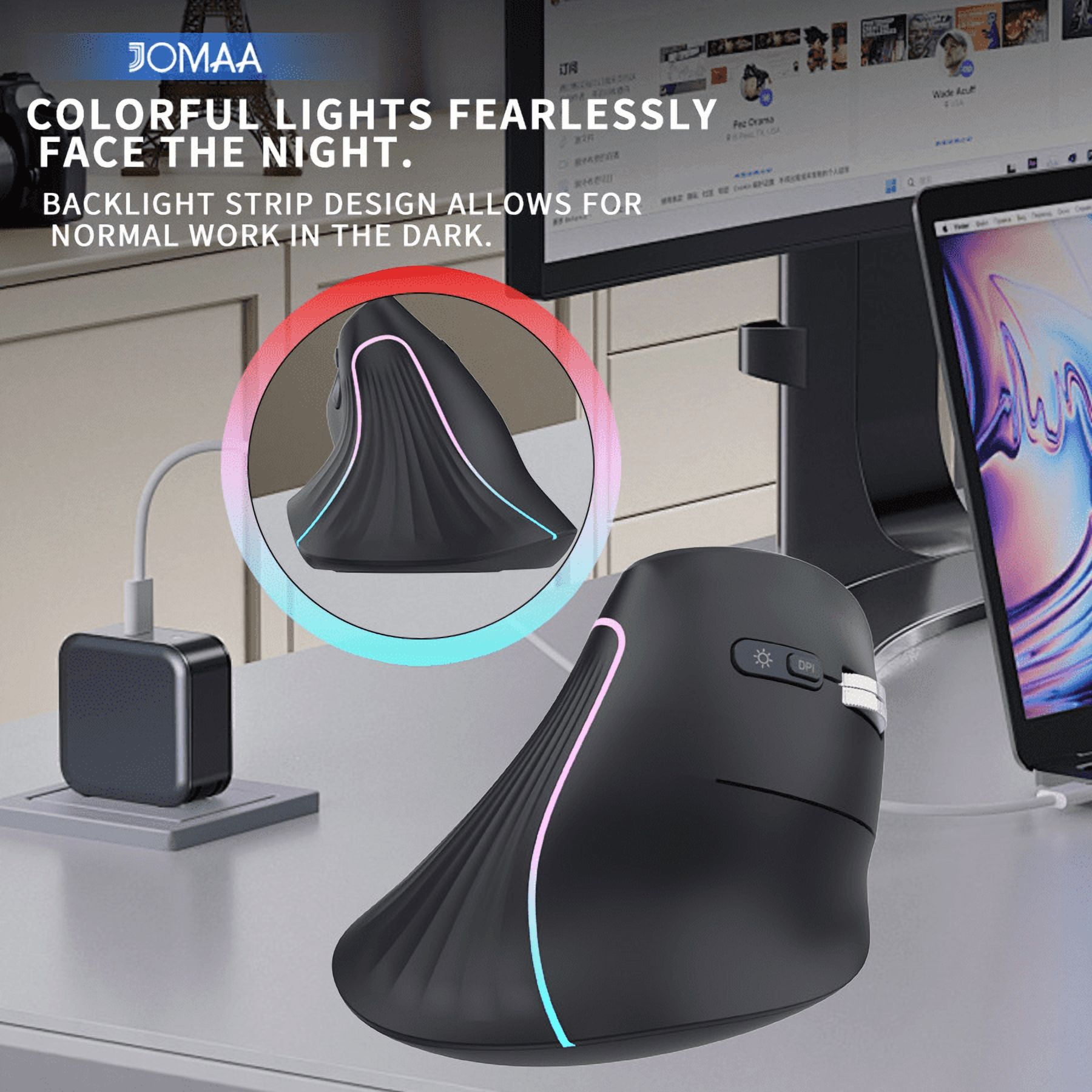 JOMAA Right Hand RGB Backlit Vertical Wireless Mouse for Computer Laptop Bluetooth Ecrognomic Mice Slinet Click