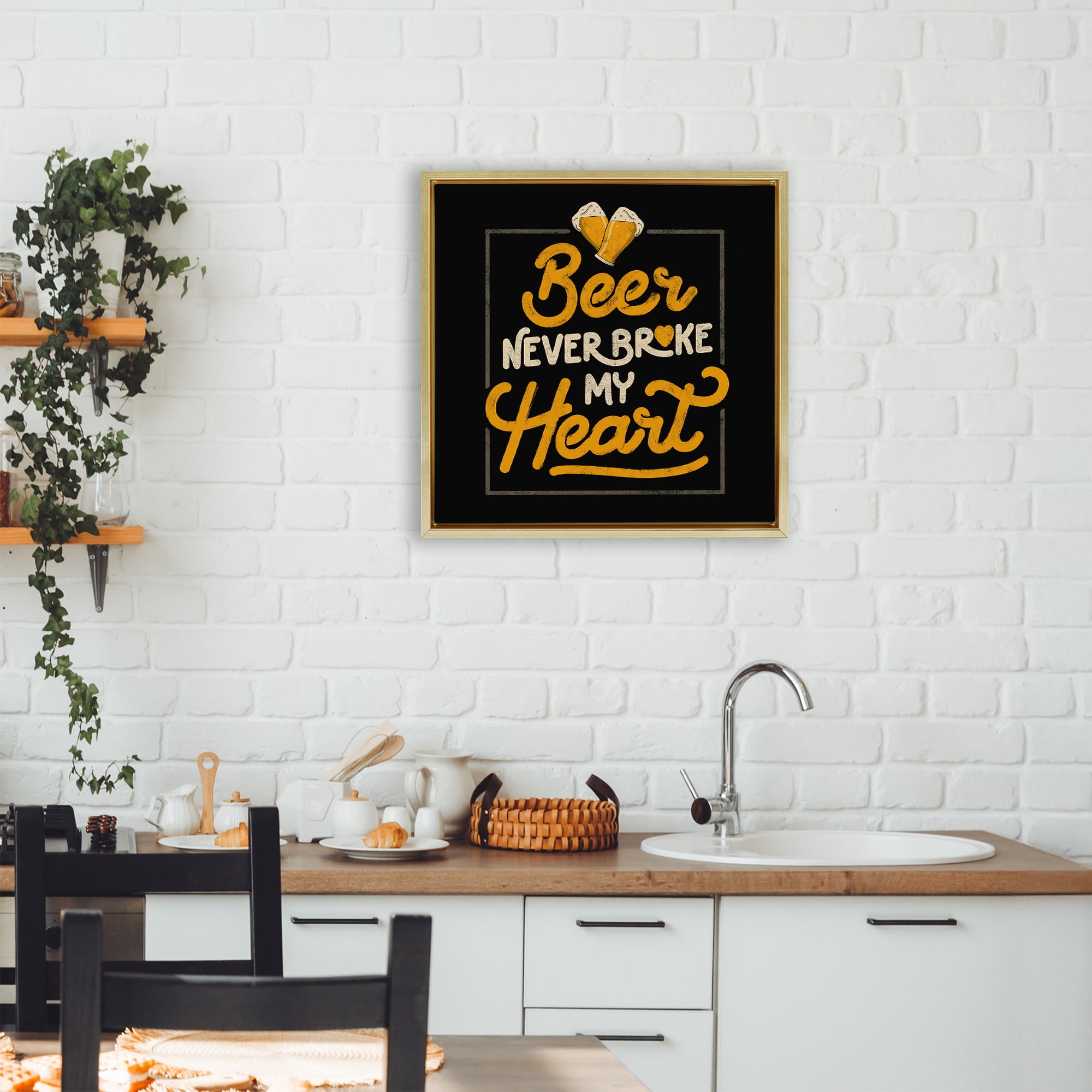 Stupell Industries Beer Never Broke My Heart Gold Framed Floater Canvas Wall Art, design by EduEly Designs
